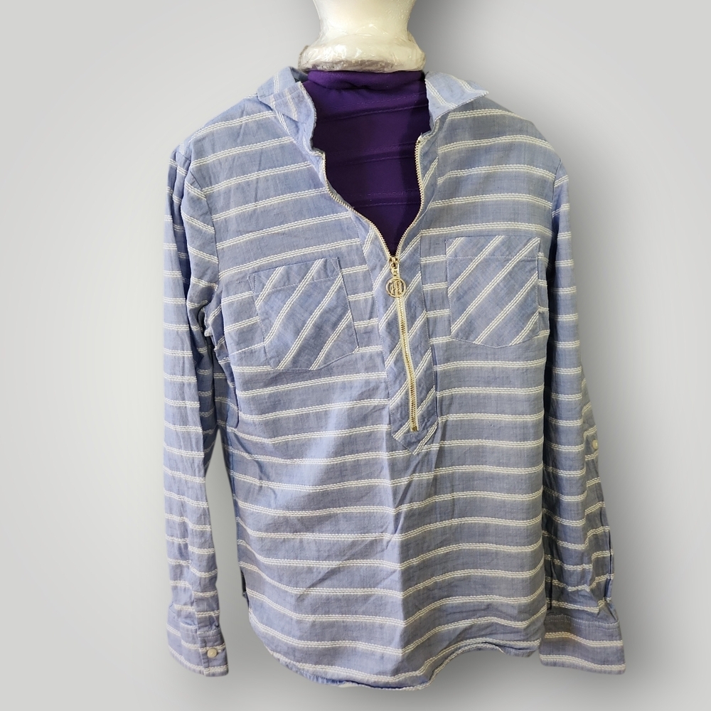 Tommy Hilfiger Womens Small Blue and White Cotton And Viscose Striped Shirt